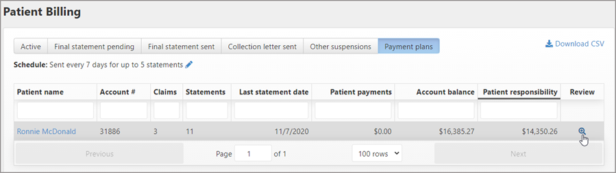 On the Patient Billing page > Review tab, click the icon.